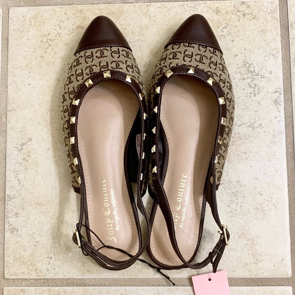 NWT Juicy Couture ballet sling-backs, brown, w/ signature fabric and gol… - Picture 8 of 11